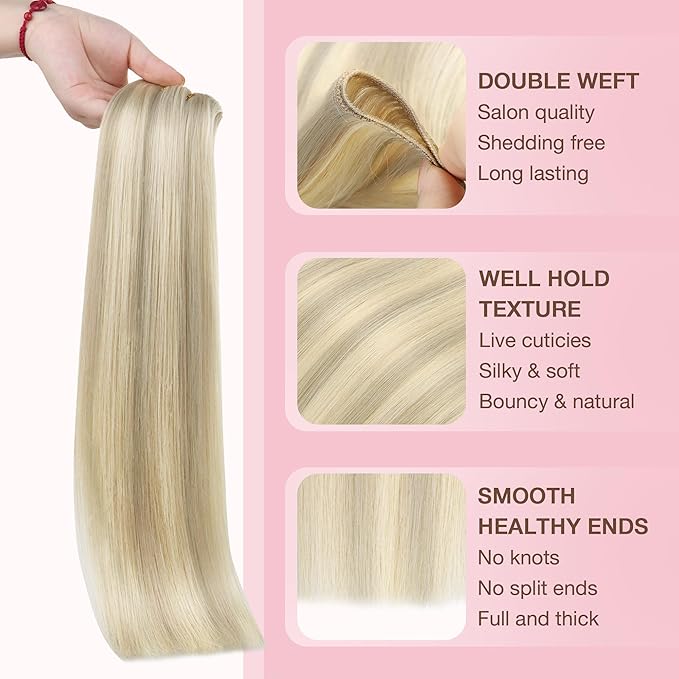 GOO GOO Sew in Hair Extensions Real Human Hair, Weft Hair Extensions Human Hair, 17A/60A Ash Blonde Highlighted Platinum Blonde 16inch 100g, Weft Bundles Straight Silky Remy Hair