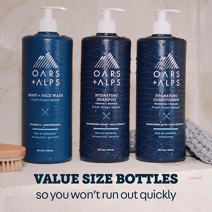 Oars + Alps Mens Moisturizing Body and Face Wash, Skin Care Infused with Vitamin E and Antioxidants, Sulfate Free, Fresh Ocean Splash 32oz