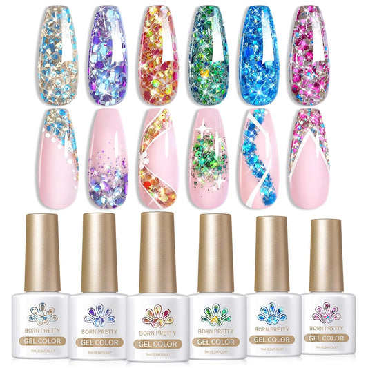 Born Pretty Glitter Gel Nail Polish with Sequins, 6 Pcs Blue Purple Gold Green Hot Pink Long Lasting Sparkly Shiny U V Gel Polish Set for Manicure and Nail Art, DIY at Home, Salon-Quality 7ml