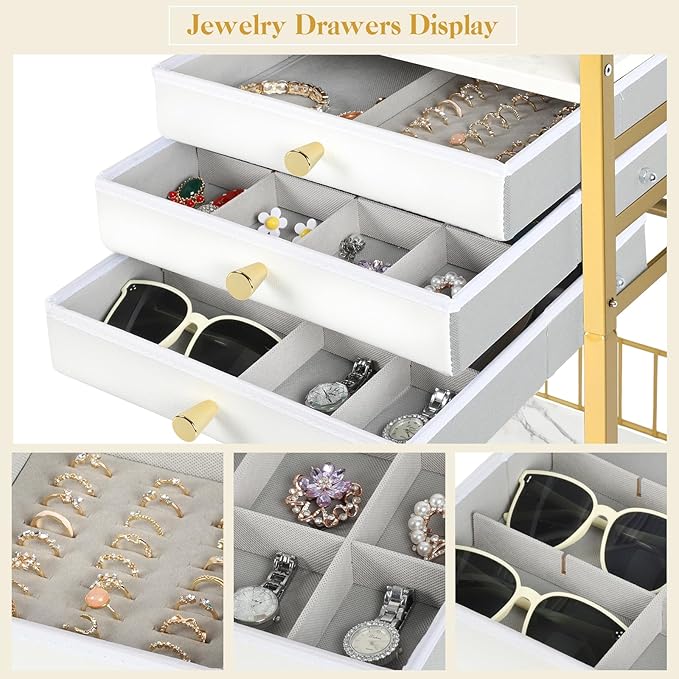 Keebofly Large Jewelry Organizer Stand with 3 Box Drawer - Necklace Organizer Earring Storage Armoire Holder with Display for Earring Necklace Ring Bracelet Gold