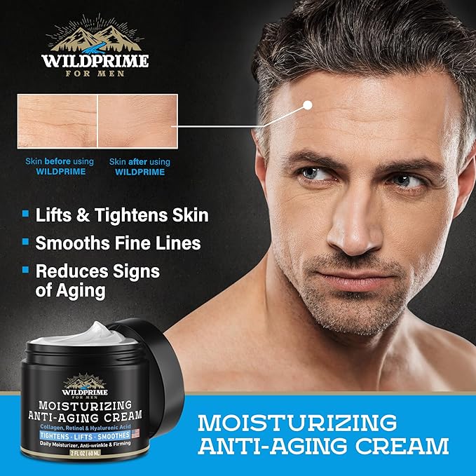 Men's Face Moisturizer Cream - Anti Aging & Wrinkle - Men's Shave Lotion - Made in USA - Collagen, Hyaluronic Acid, Vitamins E & A, Avocado Oil - Age Facial Skin Care, Day & Night Moisturizing, 2 oz