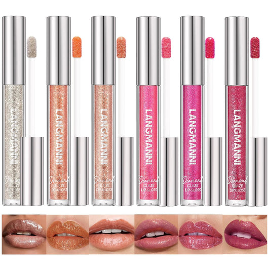 LANGMANNI 6 Colors Diamond Glitter Lip Gloss Set,Long Lasting High Shine Shimmer Liquid Lipstick Set,Hydrating,Moisturizing Lip Gloss Kit Gift Makeup For Girls(#01+02+03+04+05+06)