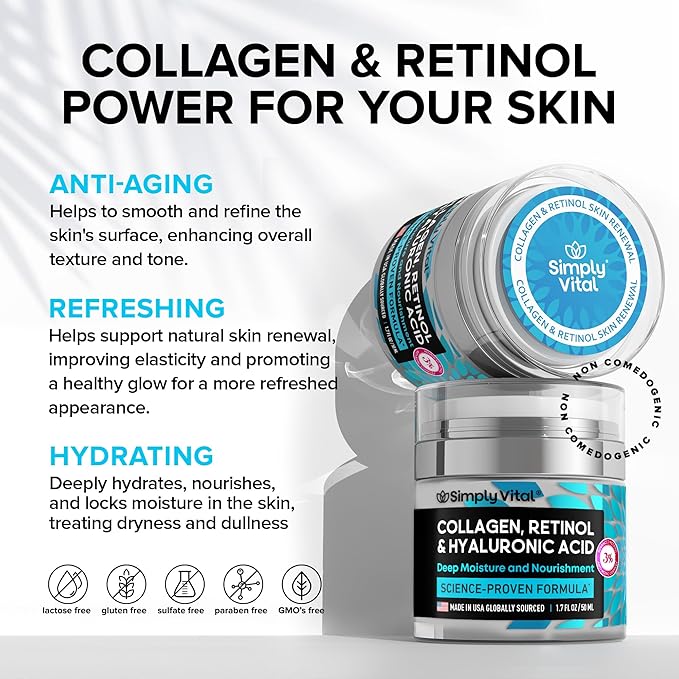 Anti-Aging Face Moisturizer with Retinol, Collagen & Hyaluronic Acid - Made in USA - Moisturizer Face Cream for Women & Men - Firming & Hydrating Neck Cream - Day & Night Skin Care - 1.7 fl oz