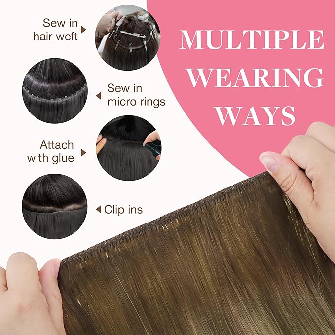 GOO GOO Sew in Hair Extensions Real Human Hair, Weft Hair Extensions Human Hair, 3/8/613 Balayage Walnut Brown to Ash Brown and Bleach Blonde 18inch 120g, Weft Bundles Straight Silky Remy Hair