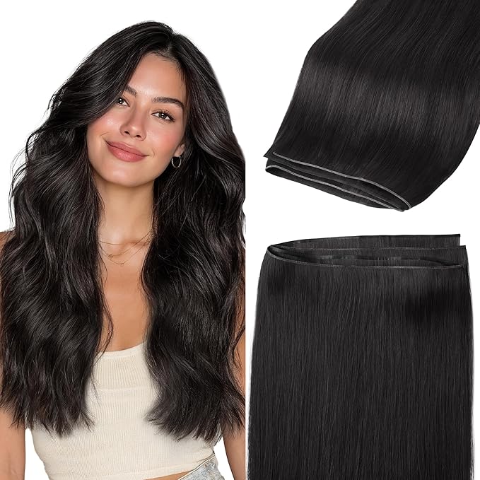 GOO GOO Genius Narrow Edge PU Weft Hair Extensions Human Hair, Invisible Sew in Hair Extensions Human Hair, 1B Natural Black 20 Inch 120g, Seamless Soft Lightweight