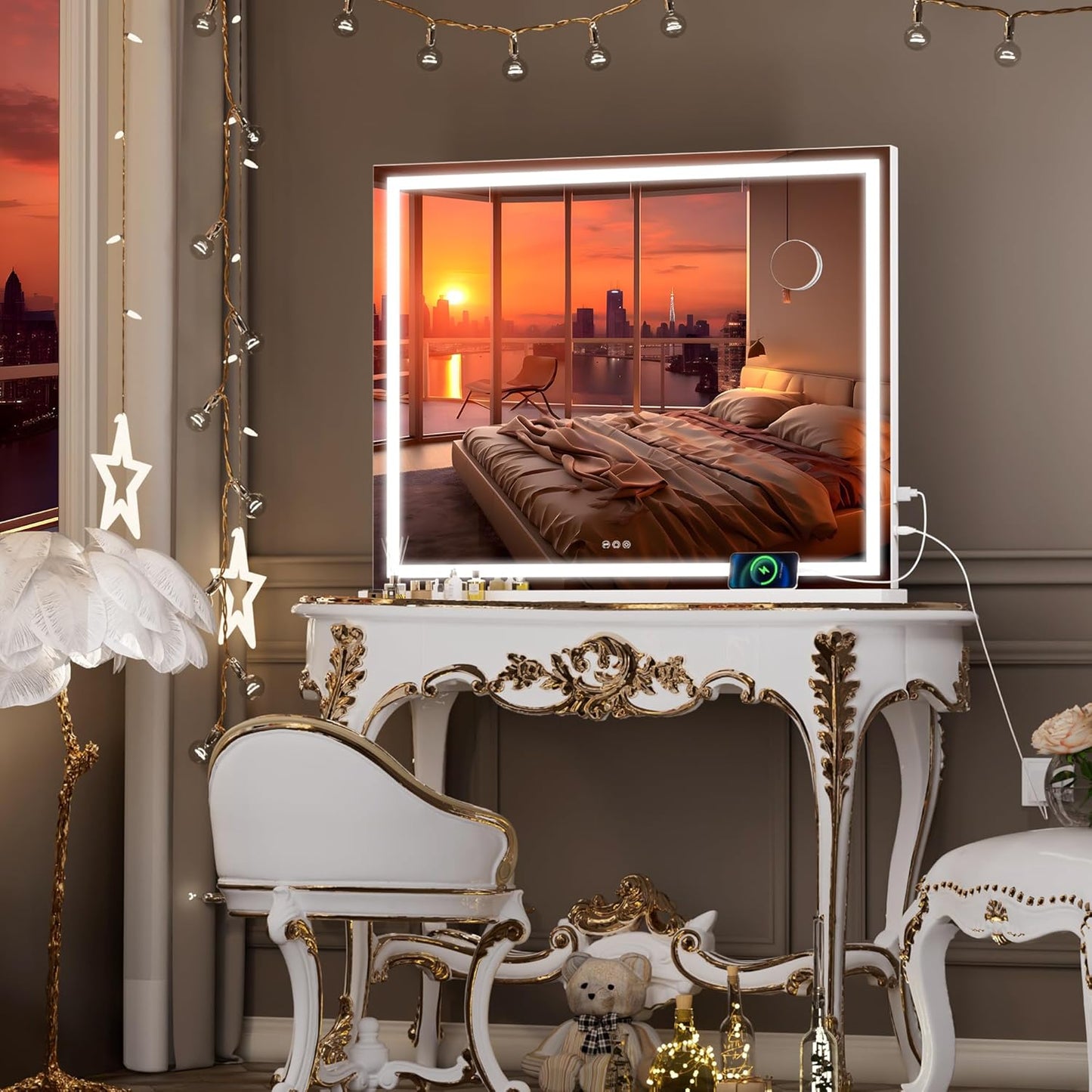 Hasipu Vanity Mirror with Lights, 47" x 30" LED Makeup Mirror, Lighted Makeup Mirror with Dimmable 3 Modes, Touch Screen Control Vanity Mirror Square White