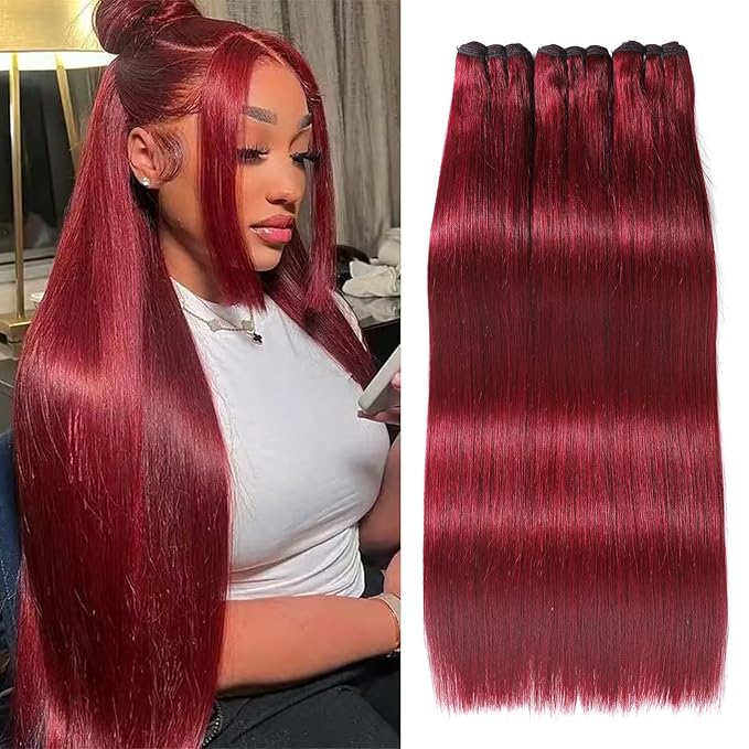 99J Burgundy Human Hair Bundles 16A Raw Straight Bundles Human Hair,100% Unprocessed Burmese Virgin Remy Hair Extensions,No Tangle Shedding (99J Burgundy Bundles, 22 24 26 Inch)