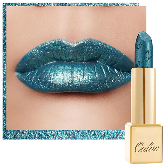 Oulac Metallic Green Lipstick for Women with Metallic 3D Shine, Lightweight Hydrating Formula, High-Impact Lip Color, Vegan Beauty, Full Coverage Lip Makeup, Turquoise (20)