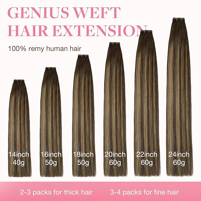 GOO GOO Genius Human Hair Extensions, Sew In Remy Weft, 4/27/4 Balayage Chocolate Brown to Caramel Blonde 14inch 40g, Hand Tied Weft