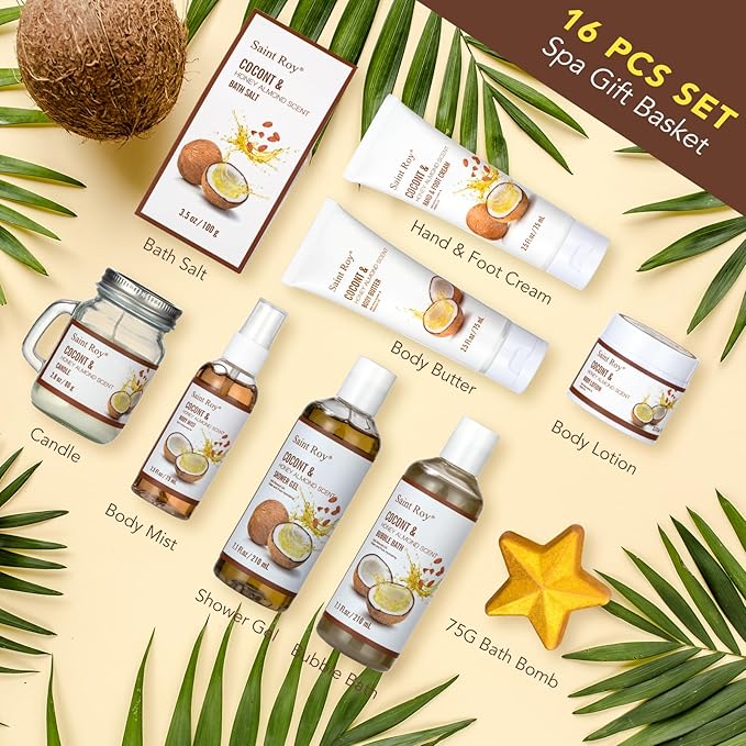 Valentines Day Gifts for Women & Men Spa Gift Basket Luxury Bath and Body Basket Set 17-Piece Coconut Honey Almond Large Luxury Home Spa Kit, Relaxing Self Care Pamper Gifts Birthday Bridal Shower