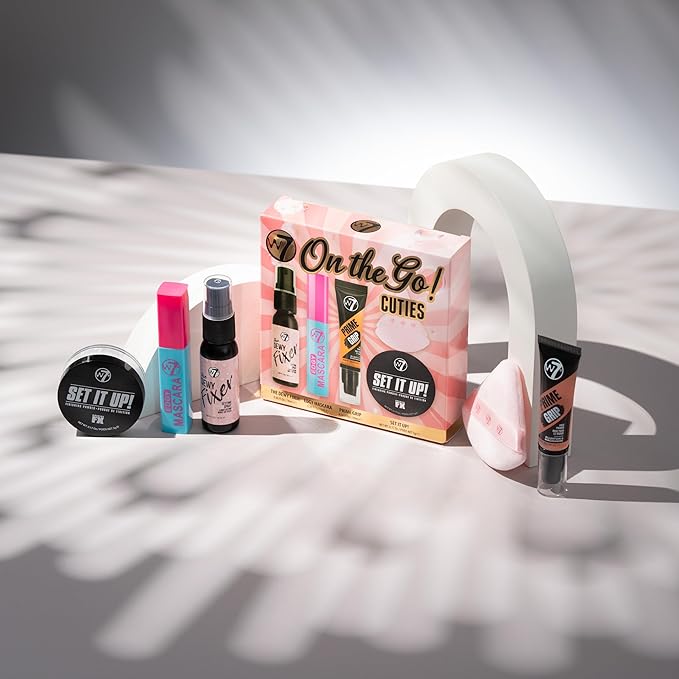 W7 On the Go Cuties Set - Mini Makeup Essentials with Primer, Mascara, Setting Spray, Loose Powder & Powder Puff - Travel Size Beauty Favourites