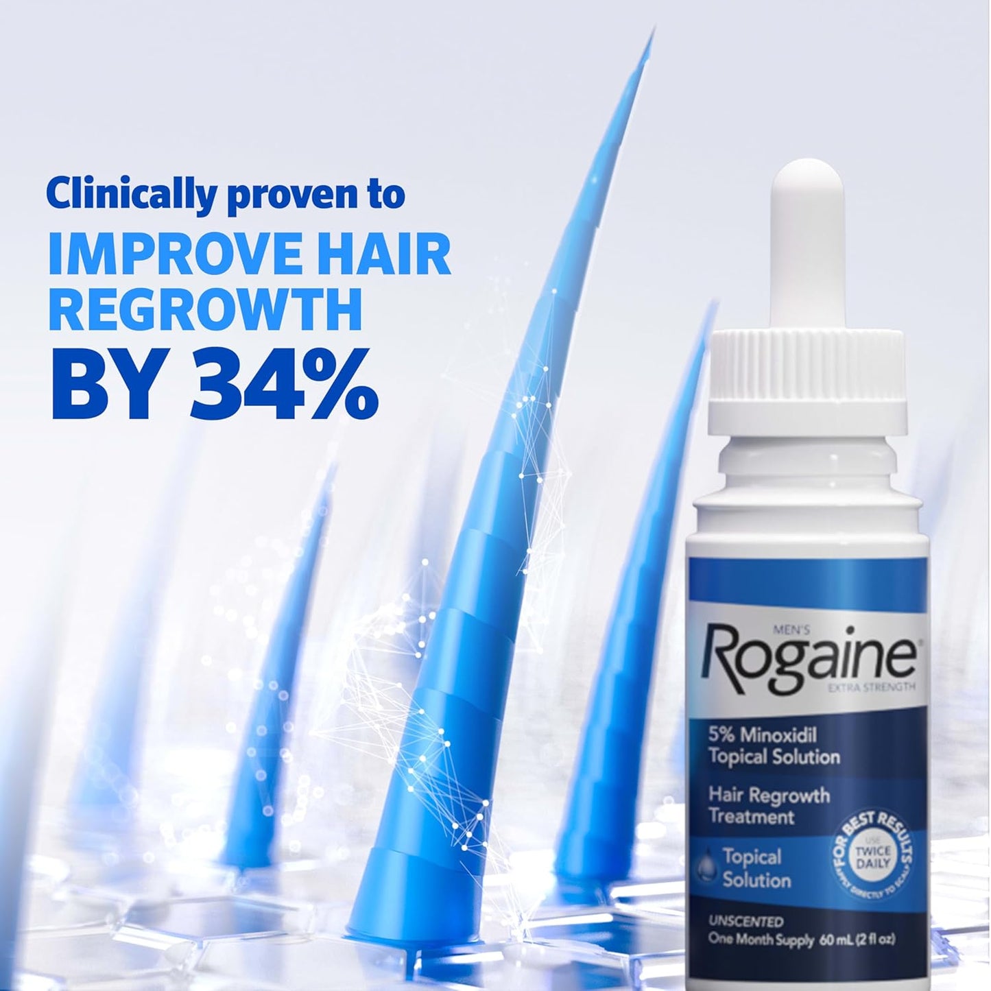 Men's Rogaine Extra Strength 5% Minoxidil Topical Solution for Hair Loss & Regrowth, Topical Treatment for Men, Unscented Minoxidil Follicle Booster Liquid, 1-Month Supply, 2 fl. oz
