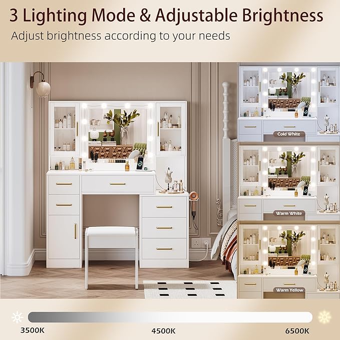 Makeup Vanity Desk with Mirror and Lights, 51" Makeup Vanity with Lights & Charging Station, Dressing Table Vanity Set for Bedroom, White Vanity Table with Cushioned Stool, 6 Drawers and 3 Cabinet