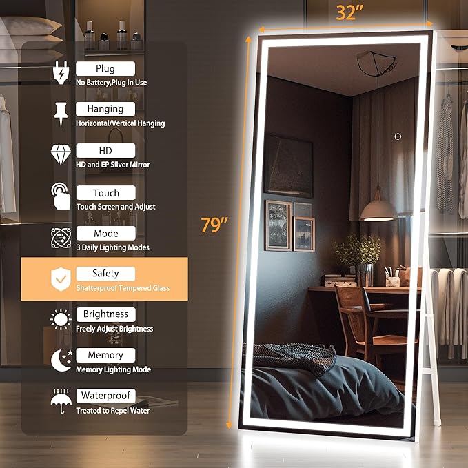Hasipu Oversized 79” x 32" Full Length Mirror with Lights, LED Lighted Floor Standing Mirror, Full Body Dressing Hanging Mounted Mirrors, Dimmable, Tempered Glass, Safe to Use, Square White
