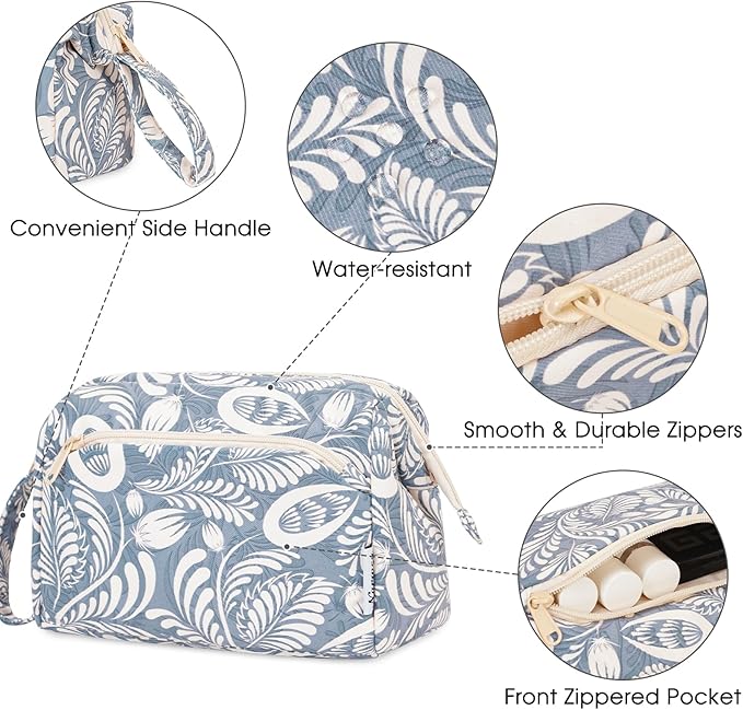 Narwey Women Makeup Bag Wide-open Make up Bag Travel Cosmetic Organizer Toiletry Bag for Cosmetics Toiletries Accessories (Blue Leaf)