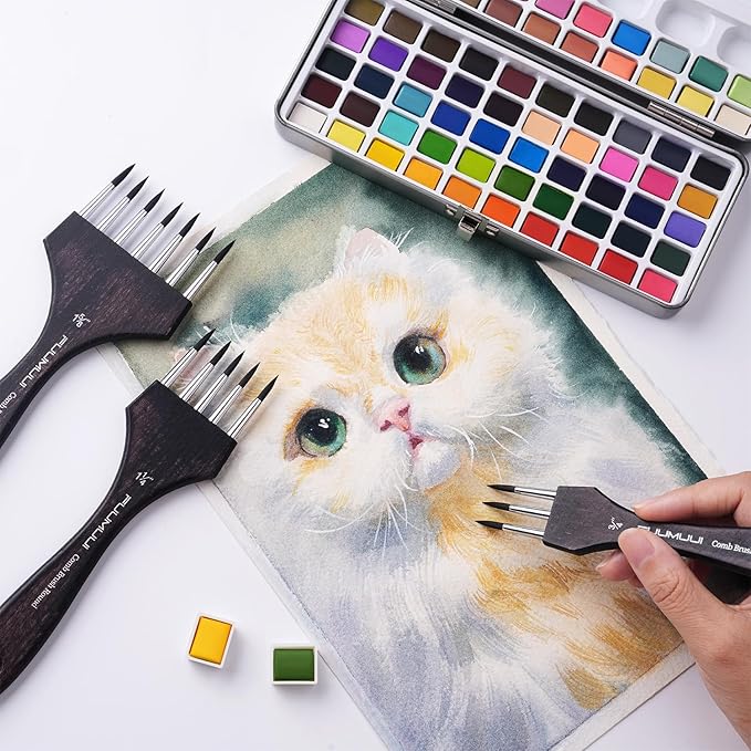 Multi-Head Round Comb Brush Set - Fuumuui 3Pcs Professional Synthetic Brushes, Designed for Textures and Special Effects for Acrylic Painting, Oil & Watercolor - Texture Brushes, Short Handle