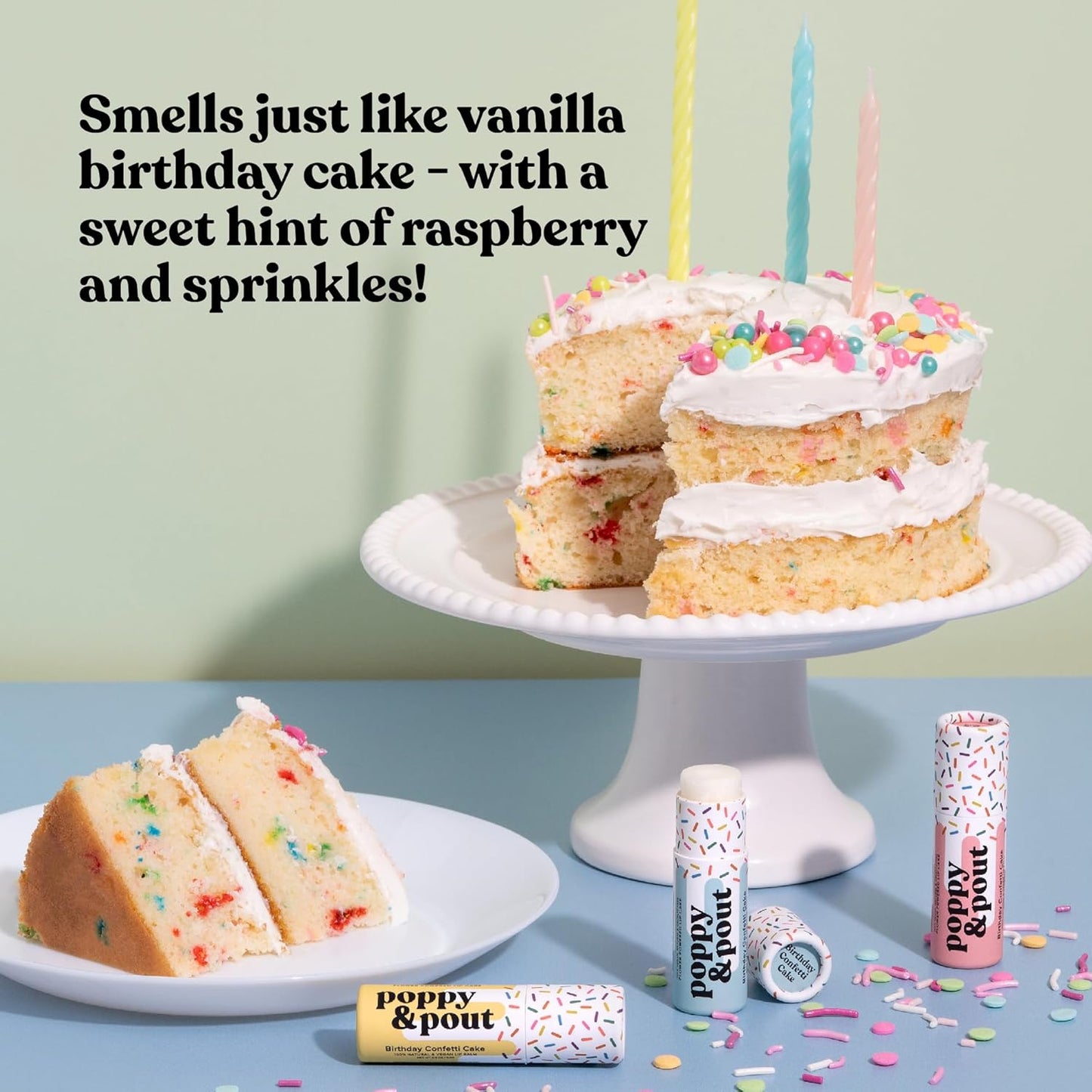 Poppy & Pout Birthday Cake Jumbo Lip Balm | All Natural Lip Balms & Moisturizers | Hydrates with Beeswax, Vitamin E, Organic Coconut Oil | Cruelty-Free | Lip Balm in Recyclable Cardboard Tube (Green)