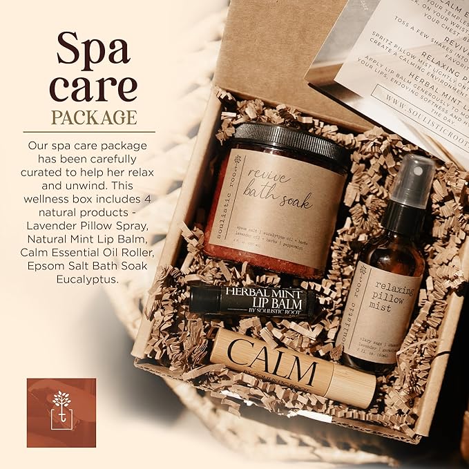 SOULISTIC ROOT Self-Care Set - Luxury Spa Bath Kit, Pillow Mist, Cooling Lip Balm, Tranquil Essential Oil Roller & Epsom Salt Bath Soak Pampering Package, Valentine's Day Holistic Gifts for Him & Her