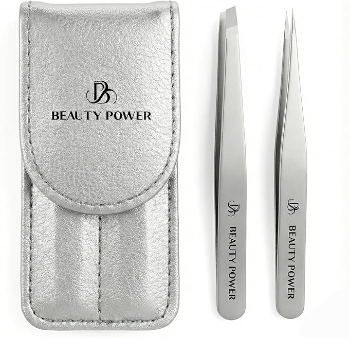 Professional Tweezers Set – Slant & Point, Ultra Precision German Stainless Steel Tweezers for Eyebrows, Chin, Ingrown Hair & Facial Grooming – Lightweight with Travel Case (Matte Grey)