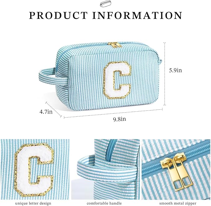 YOOLIFE Gifts for Women Teen Girls Kids - Initial Makeup Bag Cosmetic Bag Toiletry Pouch, Personalized Birthday Gifts for Women Girls Mom Daughter Sister Friends, Light Blue M
