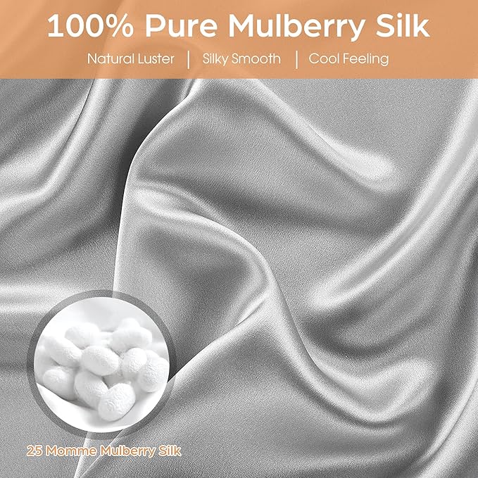 Silk Pillowcase for Hair and Skin, 2 Pack 100% Mulberry Silk Pillowcase 25 Momme, 600 Thread Count, Both Side Pure Silk Pillow Cover with Hidden Zipper (Gray, Standard 20''×26'')