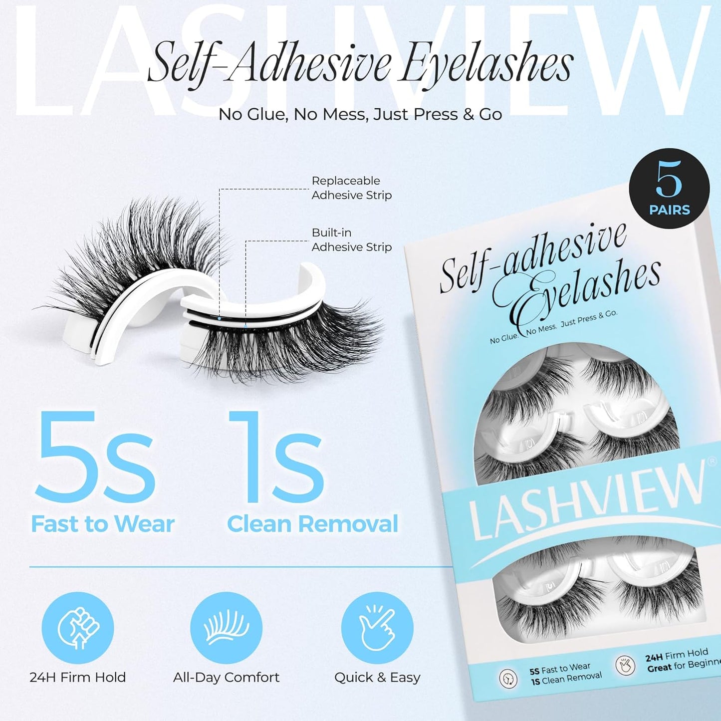 LASHVIEW Self Adhesive Eyelashes 5 Pairs Cat Eye Wispy Self-adhesive False Lashes Reusable Natural Look Press On Lashes No Glue Need Eyelashes with Replacement Adhesive Strips (CV130)