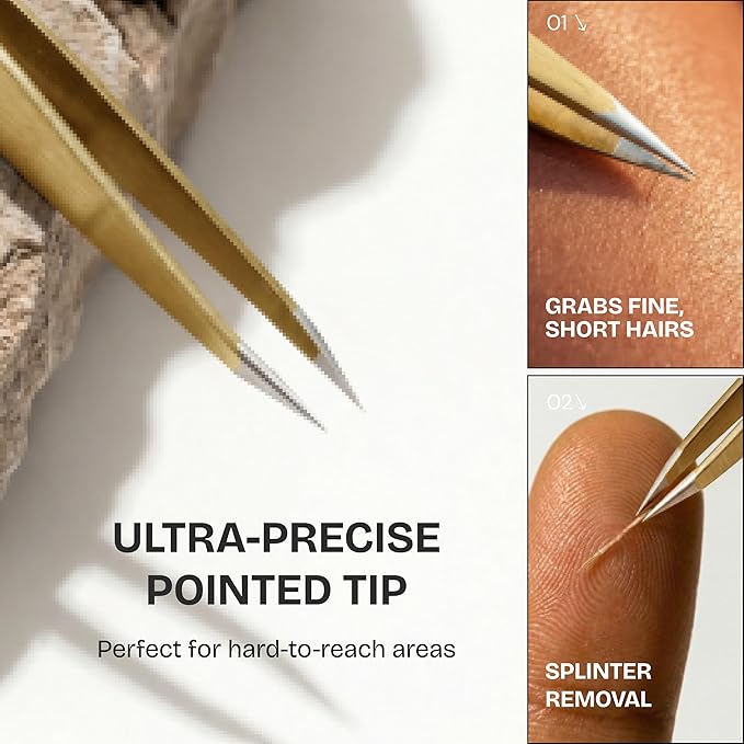 Professional Tweezers Set – Slant & Point, Ultra Precision German Stainless Steel Tweezers for Eyebrows, Chin, Ingrown Hair & Facial Grooming – Lightweight with Travel Case (Matte Gold)