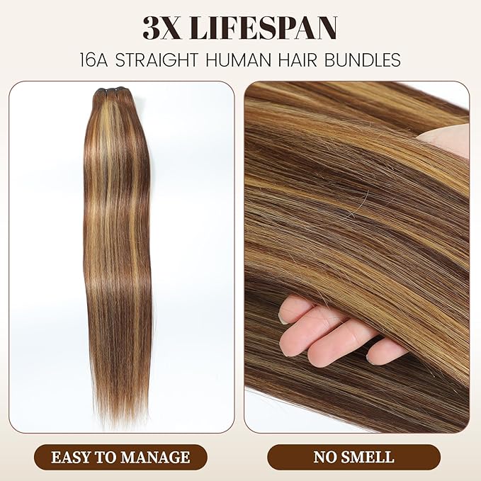 P4/27 Highlight Brown Human Hair Bundles 16A Raw Straight Bundles Human Hair,Triple Lifespan,Burmese Virgin Remy Hair Extensions,No Tangle Shedding (P4/27 Highlight Bundles, 22 24 26 Inch)
