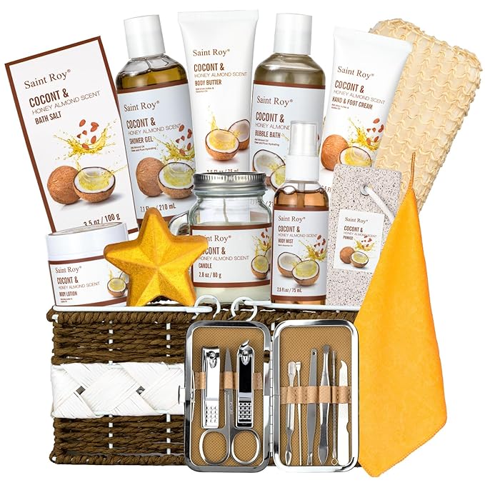 Valentines Day Gifts for Women & Men Spa Gift Basket Luxury Bath and Body Basket Set 17-Piece Coconut Honey Almond Large Luxury Home Spa Kit, Relaxing Self Care Pamper Gifts Birthday Bridal Shower