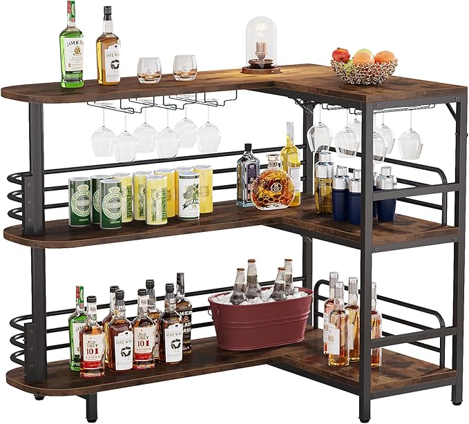 Tribesigns L-Shaped Home Bar Unit, 3 Tier Liquor Table With Storage Shelves and Wine Glasses Holder, Industrial Corner Wine Cabinet Mini Bar for Home Kitchen Pub, Rustic Brown