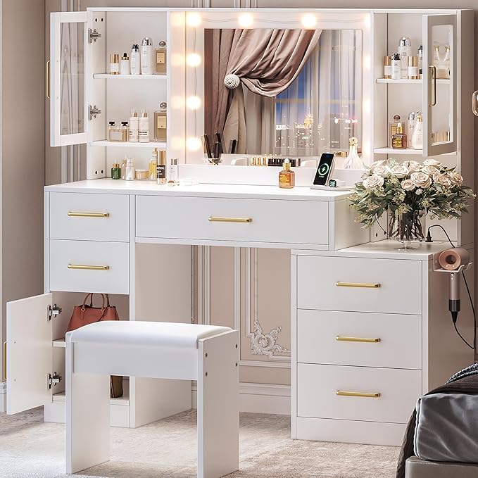 Makeup Vanity Desk with Mirror and Lights, 51" Makeup Vanity with Lights & Charging Station, Dressing Table Vanity Set for Bedroom, White Vanity Table with Cushioned Stool, 6 Drawers and 3 Cabinet