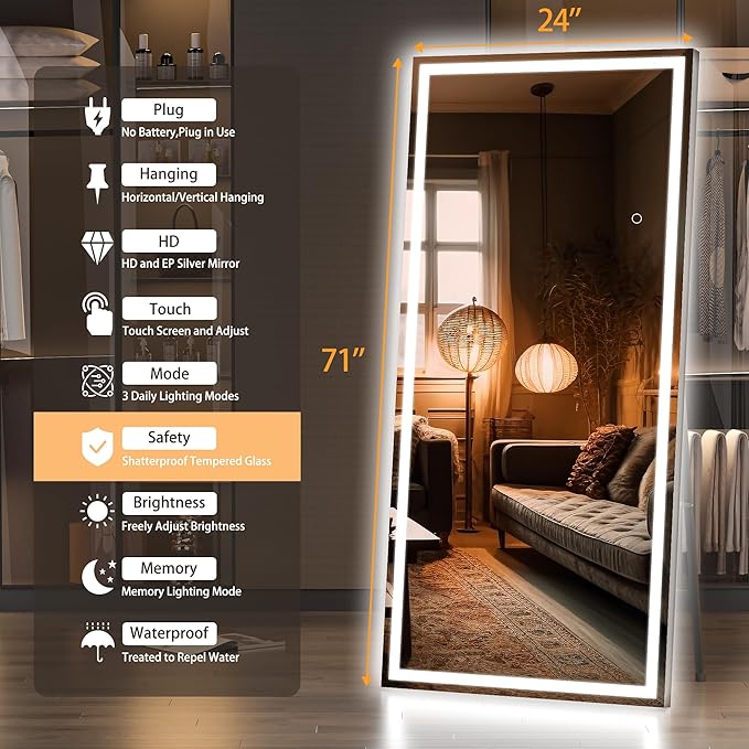 Hasipu Full Length Mirror with Lights, 71" x 24" LED Lighted Floor Standing, Full Body Dressing Hanging Mounted Mirror, Dimmable, Tempered Glass, Safe to Use, Square Black