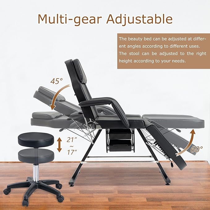 Favfurish Massage Salon Tattoo Chair,Multi-Purpose 3-Section Facial Bed Table, with Hydraulic Stool and Two Trays, Adjustable,fit for Beauty,Barber,Spa,Easy to Assemble, Black