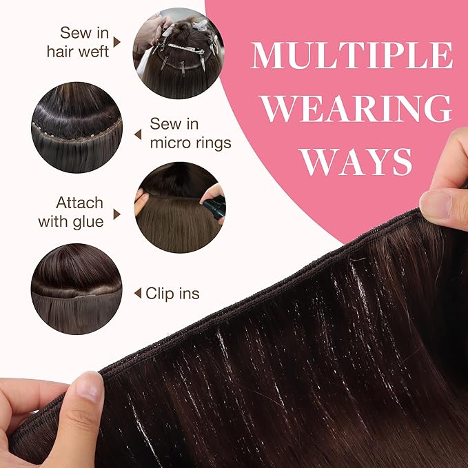 GOO GOO Sew in Hair Extensions Real Human Hair, Weft Hair Extensions Human Hair, 4A Chocolate Brown 18inch 100g, Weft Bundles Straight Silky Remy Hair