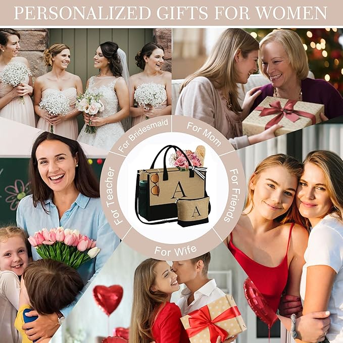 YOOLIFE Valentines Day Gifts for Her - Initial Jute Tote Bag & Makeup Bag, Birthday Gifts for Women Teacher Mom Wife Friend