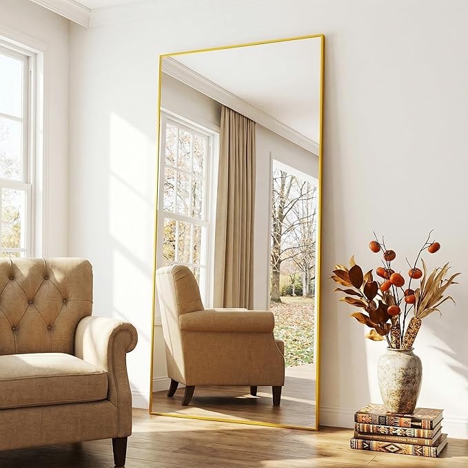 Suidia Full Length Mirror, 76"x34" Floor Mirror Freestanding, Rectangular Full Body Mirrors with Stand for Bedroom, Hanging Mounted for Living Room Cloakroom, Gold