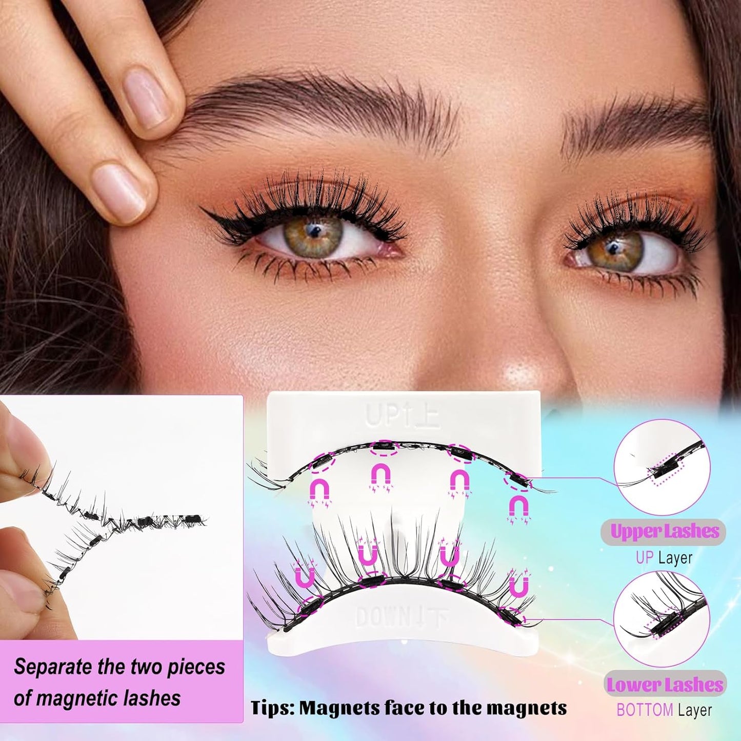 Losha Magnetic Eyelashes No Glue Needed Magnetic Lashes with Applicator 1 Pair Wispy Reusable False Eyelashes without Eyeliner (Delicate)