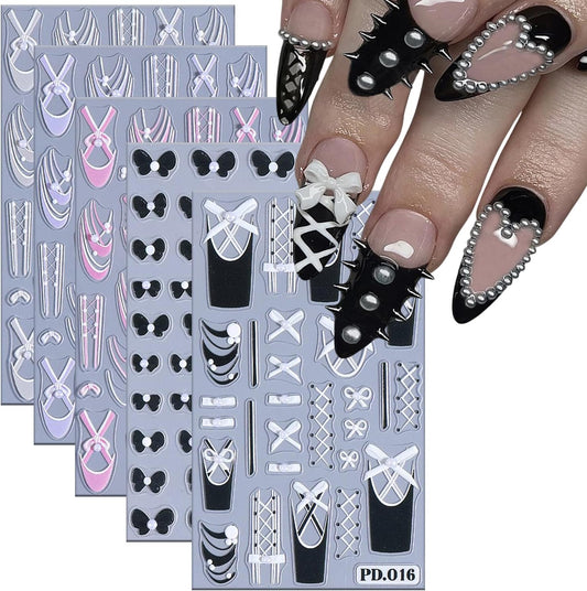 5 Sheets Ballet Bow Nail Art Stickers 5D Relief Self -Adhesive Pearl Bow Nail Decals Holographic Lace Bows Love Heart Nail Stickers French Nail Decoration for Women Manicure Supplies