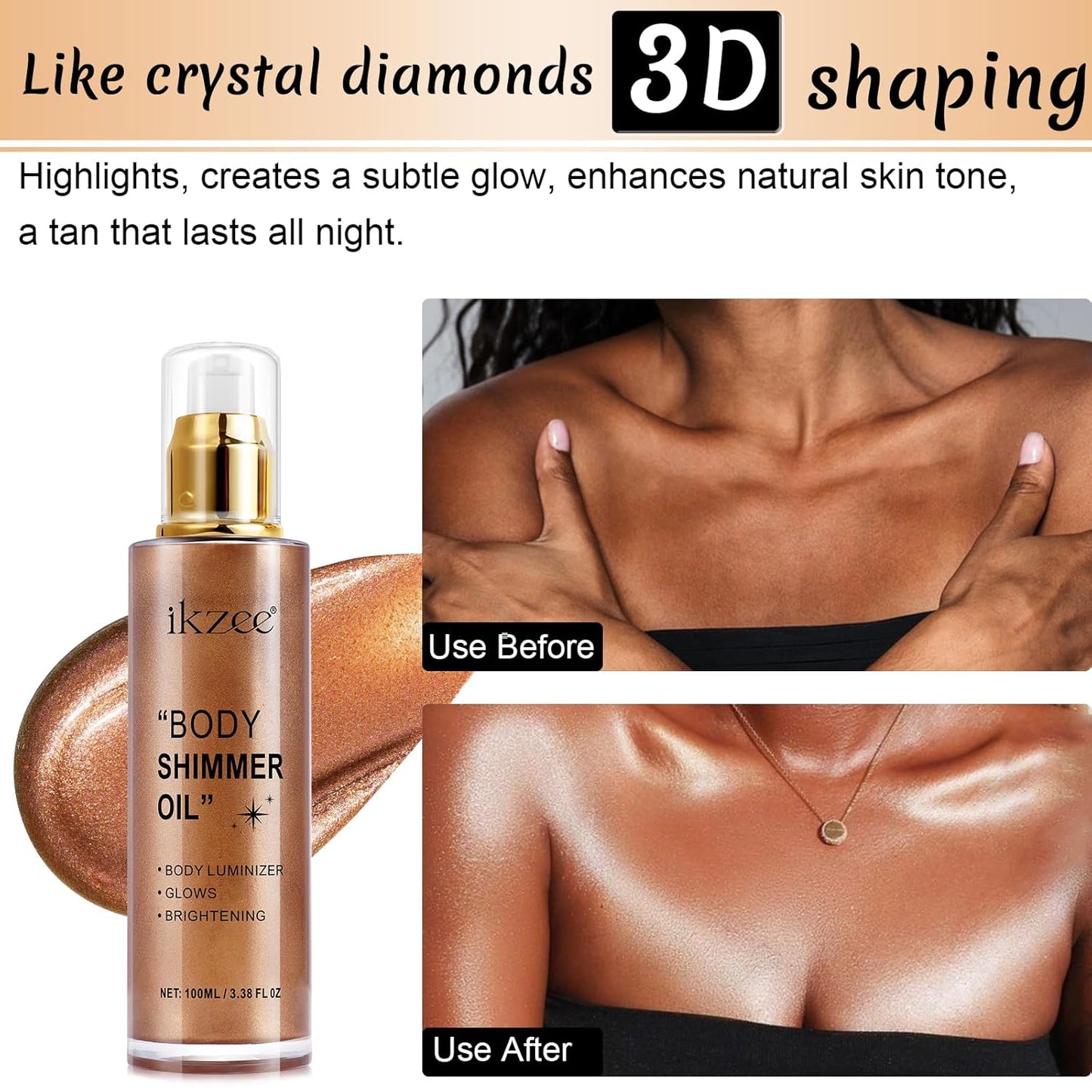 Shimmer Oil 100ml, Moisturizing Long Lasting Body Luminizer Face Brighten, Waterproof Liquid Illuminator Glow, Glitter Oil Highlighter Summer Glowing Makeup (#03 Bronze Gold)