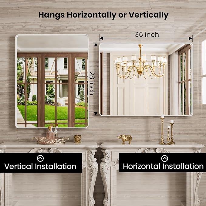 White Bathroom Mirror 28x36 Inch, White Metal Framed Bathroom Mirror for Wall, Rounded Rectangle Matte Bathroom Vanity Mirror, Tempered Glass, Anti-Rust, Horizontal/Vertical