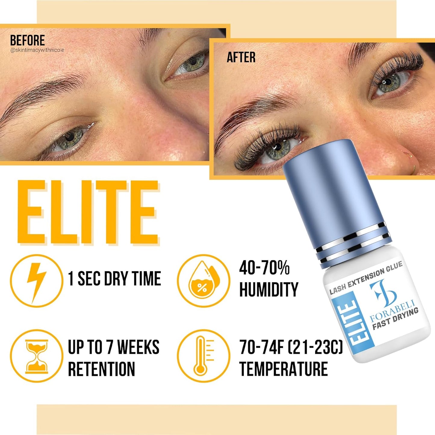 Forabeli Elite Eyelash Extension Glue - 1 Sec Fast Dry, 7 Week Retention, Maximum Bonding Power, Black Lash Adhesive for Professional Use