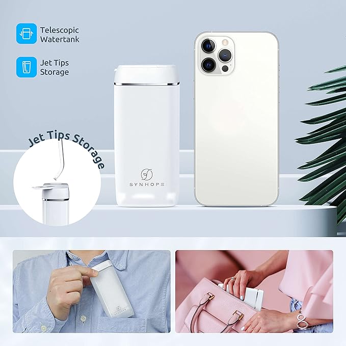 Water Flosser [ Mini Cordless Portable ] Oral Irrigator Water Teeth Cleaner Pick, Telescopic Water Tank, 3 Modes & IPX7 Waterproof, Home & Travel Water Floss for Teeth, Braces Bridges Care (White)