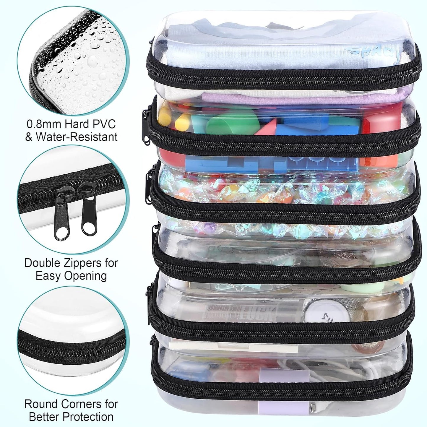 Sanwuta 6 Pcs Clear Hard Zipper Case Pencil Pouches Hard Plastic Zipper Pouches Makeup Bag Transparent Cases for Snacks Plastic Storage Organizer Box for Travel(Black,7.87 x 5.9 x 2 Inch)