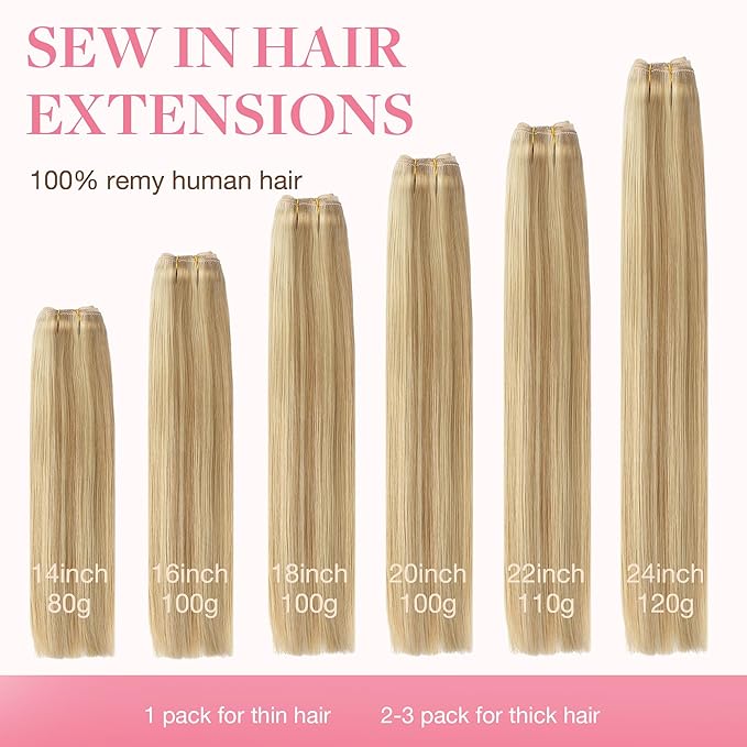 GOO GOO Sew in Hair Extensions Real Human Hair, Weft Hair Extensions Human Hair, 16/22 Light Blonde Highlighted Golden Blonde 24inch 120g, Weft Bundles Straight Silky Remy Hair