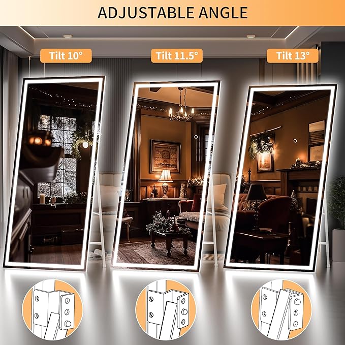 Hasipu Oversized 79” x 32" Full Length Mirror with Lights, LED Lighted Floor Standing Mirror, Full Body Dressing Hanging Mounted Mirrors, Dimmable, Tempered Glass, Safe to Use, Square White