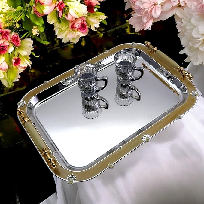 (Pack of 2) 16.3 inch x 11.8 inch Oblong Chrome Plated Serving Tray with Handles Mirror Iron Gold Floral Edge Decorative Party Wedding Buffet Wine Decor Platter Plate Base FST-010