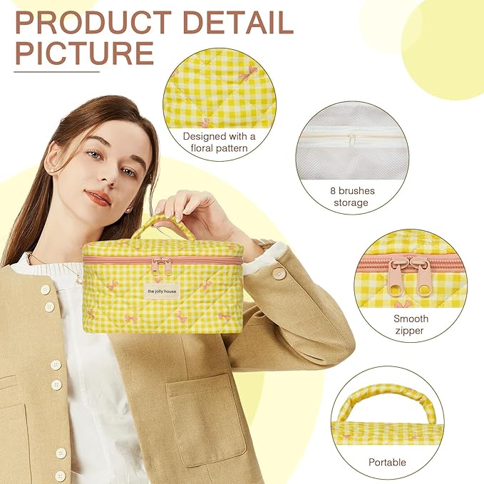 1pc Large Makeup Bag, Cute Cosmetic Bag for Women Girls, Floral Coquette Aesthetic Toiletry Bag, Travel Make Up Organizer Bag (Yellow Checked Bow