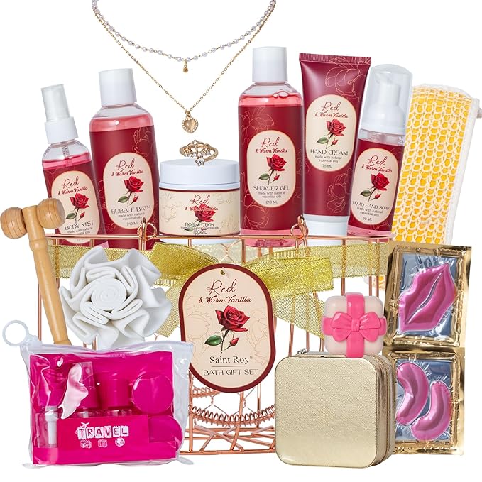 21Pcs Bath and Body Gift Basket Set for Women Valentines Day Gifts- Rose Vanilla XL Spa Gift Basket for Women Gifts｜ Bath Gift Set Home Spa Self Care Kit Necklace Finger Ring gift, Birthday Gift