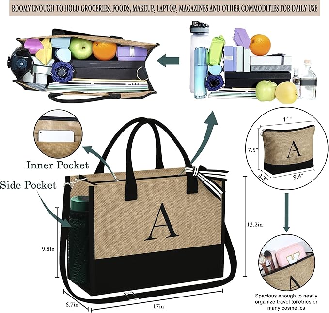 YOOLIFE Valentines Day Gifts for Her - Initial Jute Tote Bag & Makeup Bag, Birthday Gifts for Women Teacher Mom Wife Friend