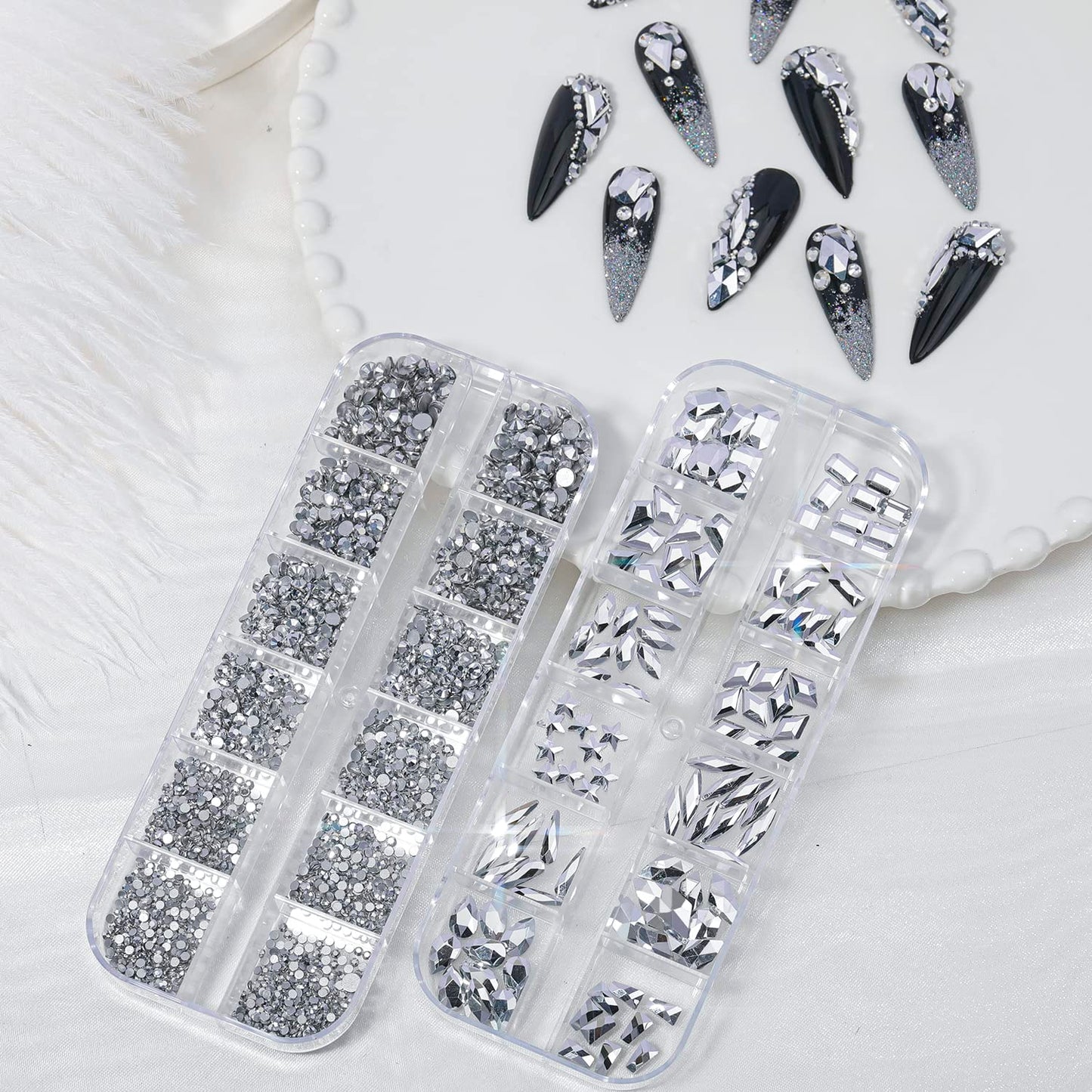 HNUIX Nail Rhinestones - 3D Multi Shape Size, Silver Nail Gems and Charms, Flat Back Crystal, with Kit, for Nail Art, DIY Decorations